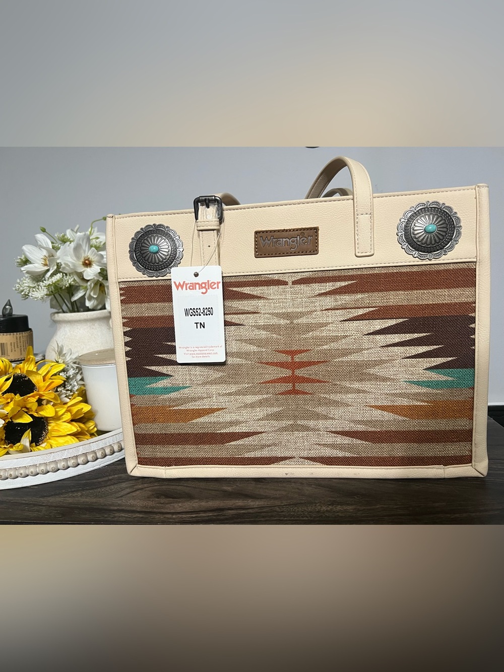 Wrangler Cream and Brown Southwestern Pattern Tote with Turquoise Accents
